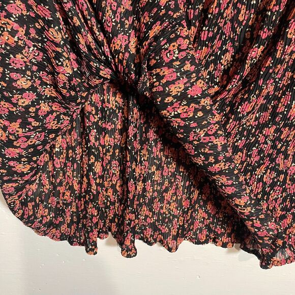 VTG Sag Harbor Maxi Skirt Black Red Orange Ditsy Floral Pleated Drawstring S - Picture 6 of 10